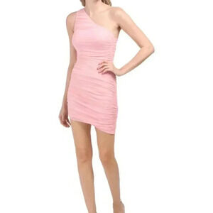 One Shoulder Ruched Mini Dress (CANDY PINK)